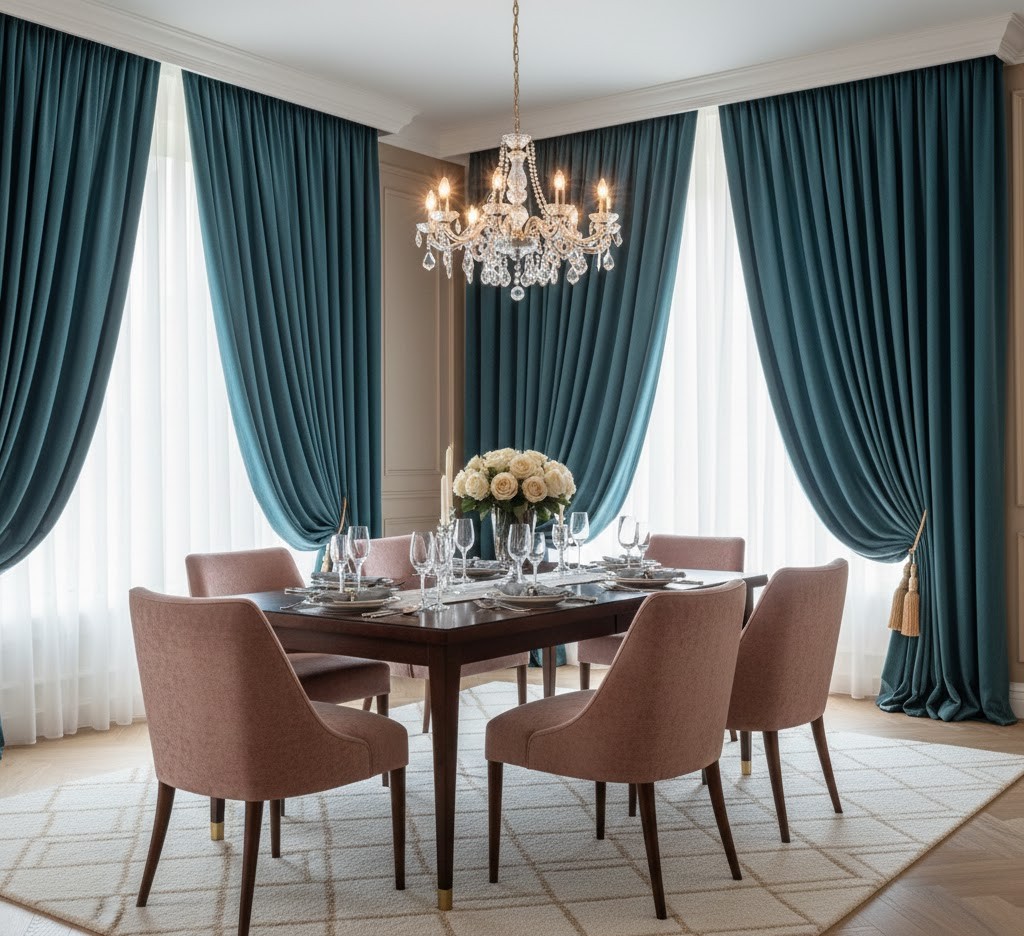 Fabric drapery in dining room